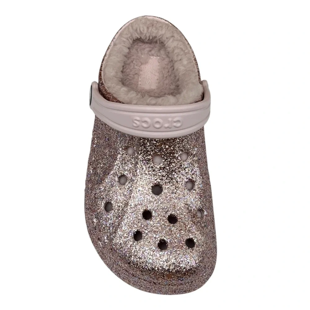Crocs Big Girls Lined Clogs Size 3 (J3) Barely Pink Glitter  Slip-on Cozy Warm
